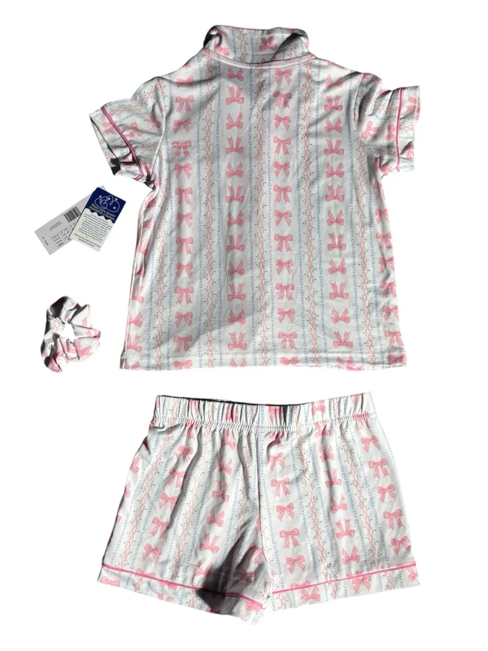 NWT Tahari White and Pink Bow-Print Short Pajama Set with Scrunchie
